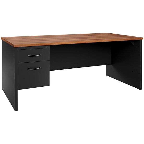 A black and wood desk credenza with a left-hand pedestal with drawers.