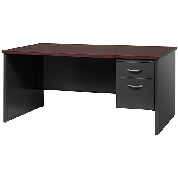 A charcoal desk with mahogany accents and a right-hand pedestal with drawers.