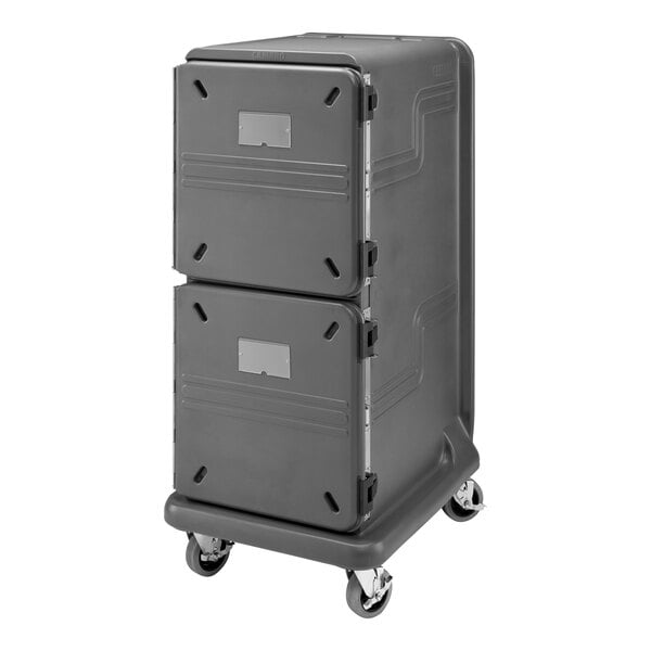 A grey plastic Cambro food pan carrier with wheels.