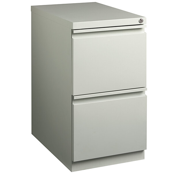 A light gray Hirsh Industries mobile pedestal filing cabinet with two drawers.