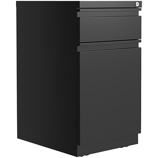 A black rectangular Hirsh Industries mobile pedestal filing cabinet with two drawers.