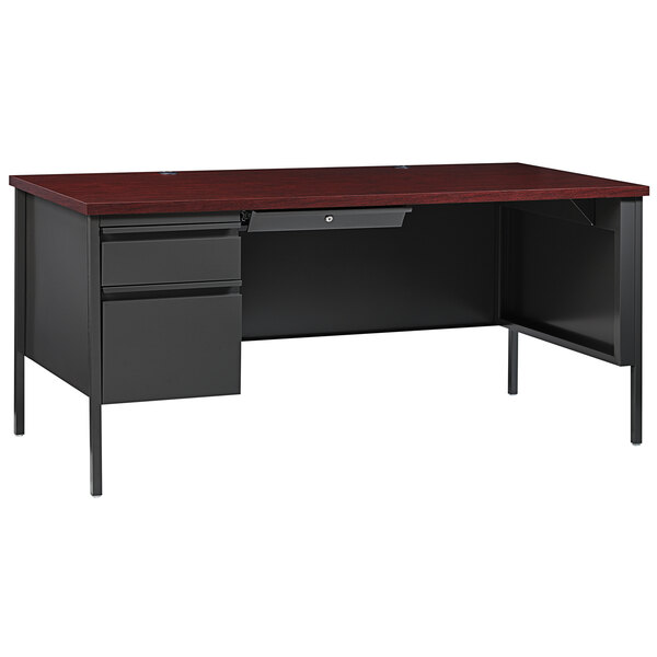 A charcoal Hirsh Industries office desk with a center drawer.