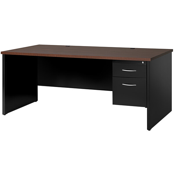 A black modular desk with right-hand pedestal and drawers.