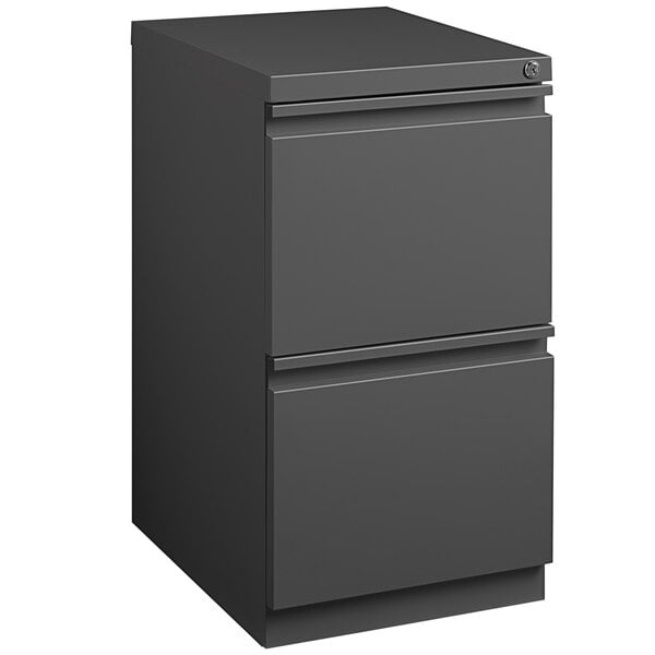 A medium tone Hirsh Industries mobile pedestal filing cabinet with 2 drawers.