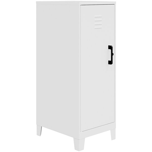 A white Hirsh Industries storage locker cabinet with a black handle.