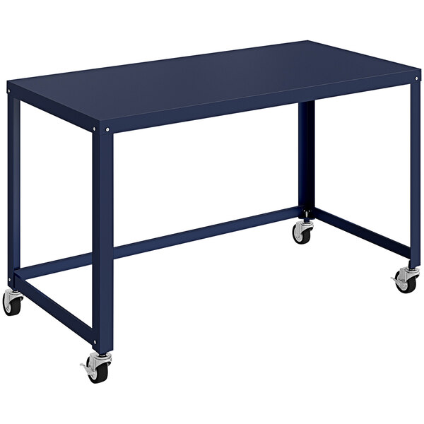 A navy blue Hirsh Industries metal desk with wheels.