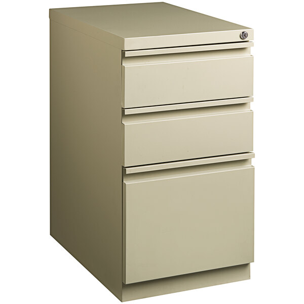 A white Hirsh Industries mobile pedestal filing cabinet with 3 drawers.