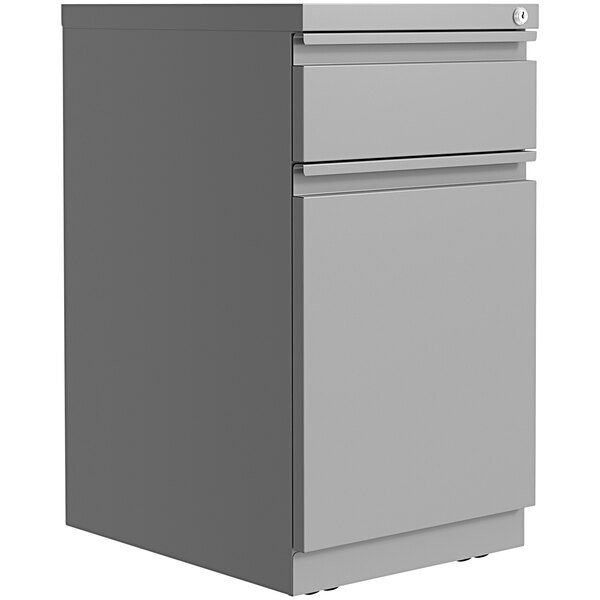 An Arctic silver Hirsh Industries mobile pedestal filing cabinet with two drawers.