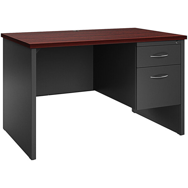 A charcoal Hirsh Industries desk with a right-hand pedestal with drawers on top.