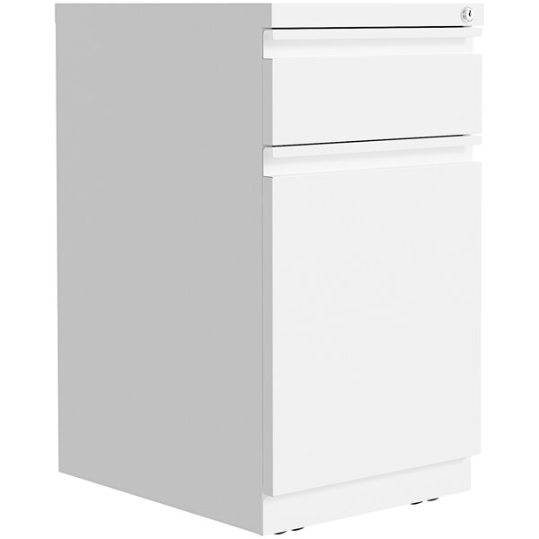 A white Hirsh Industries mobile pedestal filing cabinet with two drawers.