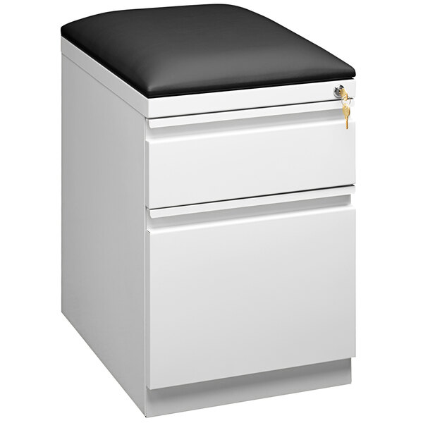 A white Hirsh Industries mobile pedestal filing cabinet with a black seat cushion on top.