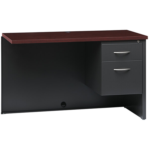 A charcoal and mahogany Hirsh Industries return for a desk with a wooden top.