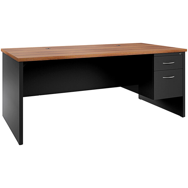 A black desk credenza with a wooden top and right-hand pedestal drawers.