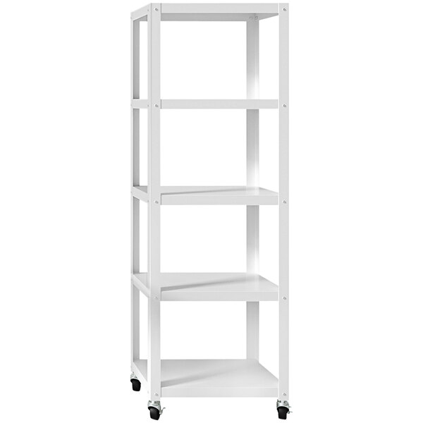 A white Hirsh Industries metal mobile bookcase with shelves on wheels.