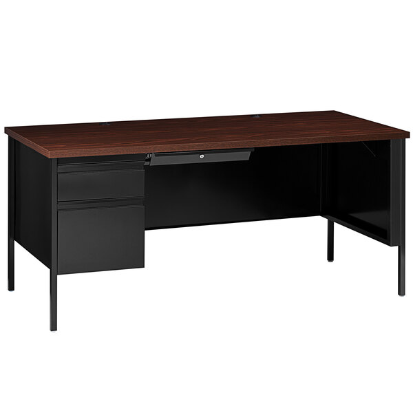 A black and walnut Hirsh Industries office desk with a drawer.