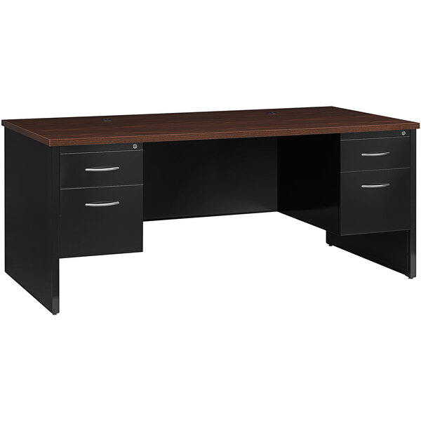 A black and brown Hirsh Industries modular desk with two pedestals.