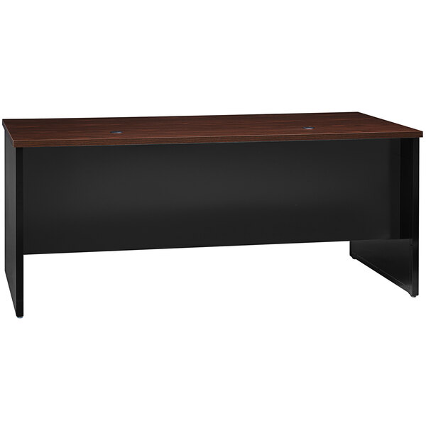 A black and brown Hirsh Industries desk with a black top.