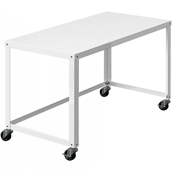 A white rectangular table with wheels.