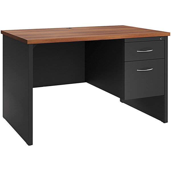 A black and wood Hirsh Industries modular desk with right-hand pedestal and drawers.