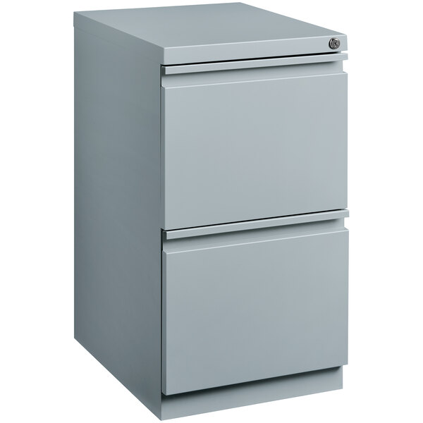 A Hirsh Industries platinum filing cabinet with two drawers.
