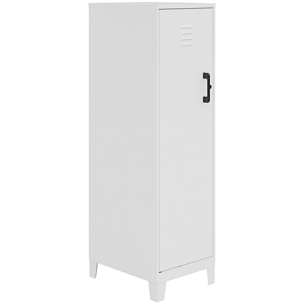 A white locker cabinet with a black handle.