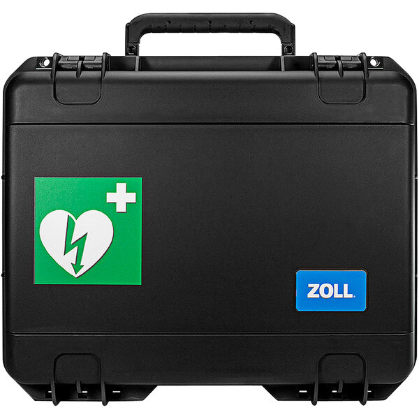 A black Zoll hard shell plastic carry case with a green and white logo.