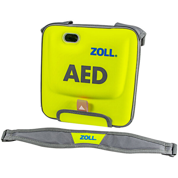 A yellow Zoll carry case for an AED with a logo.