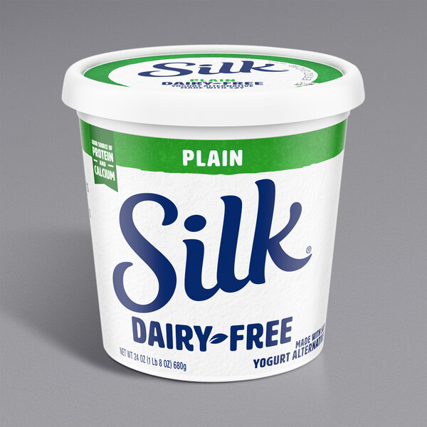 A container of Silk Dairy-Free Plain Soymilk Yogurt Alternative.