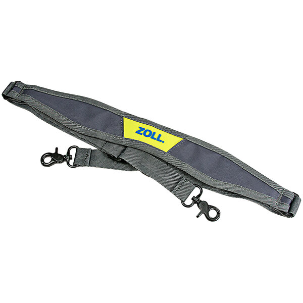 A grey shoulder strap with yellow text for a Zoll AED 3 Carry Case.