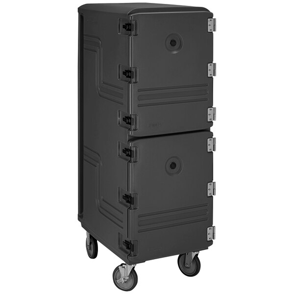 A black Cambro double compartment tray and sheet pan carrier with wheels.