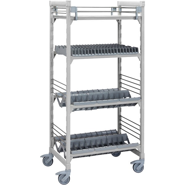 A grey metal Cambro Camshelving Premium combination drying rack with 1 vented shelf, 1 vertical shelf, and 2 angled shelves.