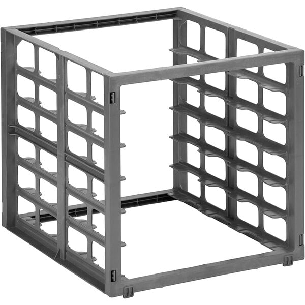 A Cambro grey metal sheet pan rack with several compartments.