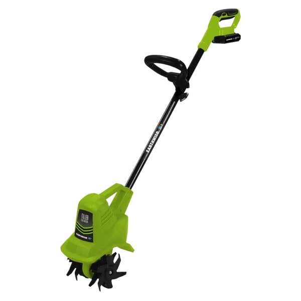 An Earthwise green and black cordless tiller with a handle.