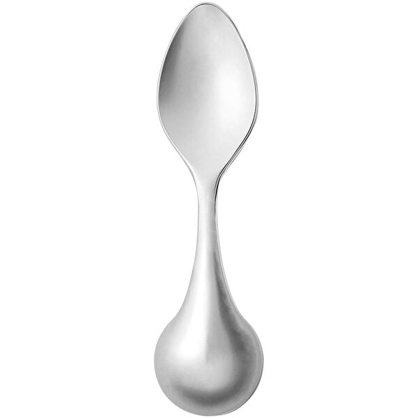 A close-up of a Libbey Clayton stainless steel dinner spoon with a silver handle.