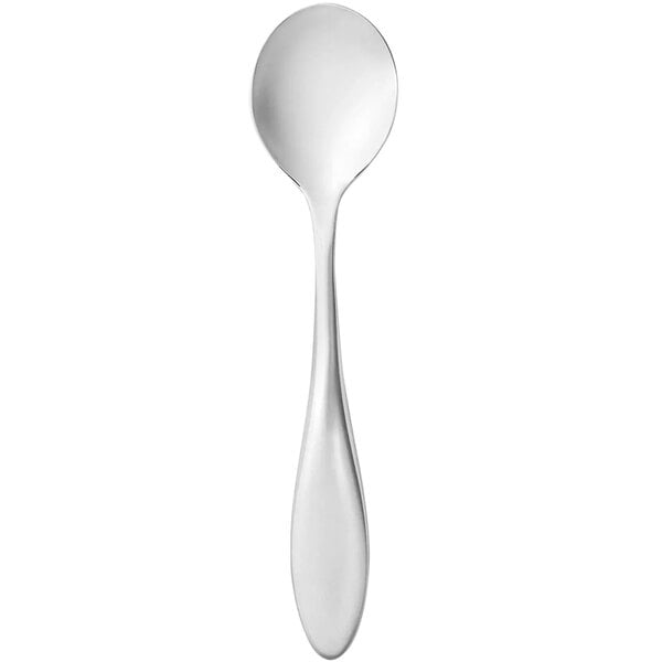 A silver Libbey bouillon spoon with a white handle.