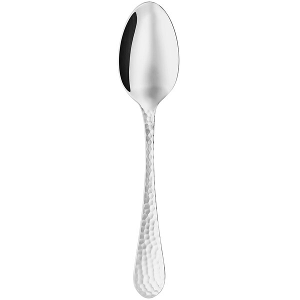 A silver spoon with a black handle.