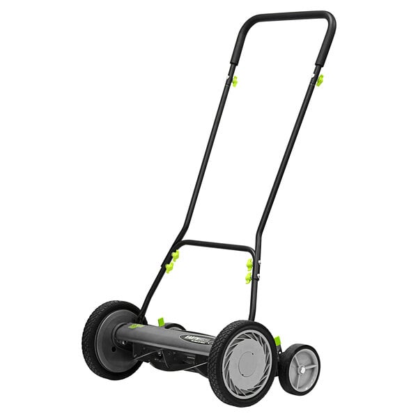 An Earthwise manual reel lawn mower with wheels.