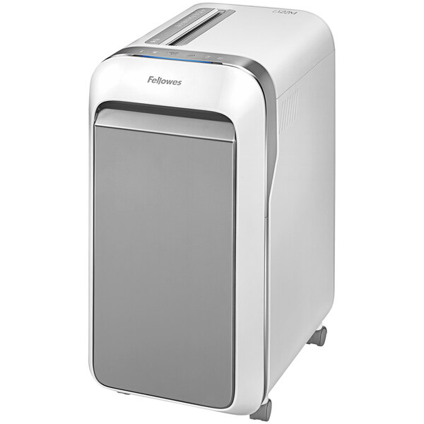 A white and grey Fellowes Powershred LX220 paper shredder.