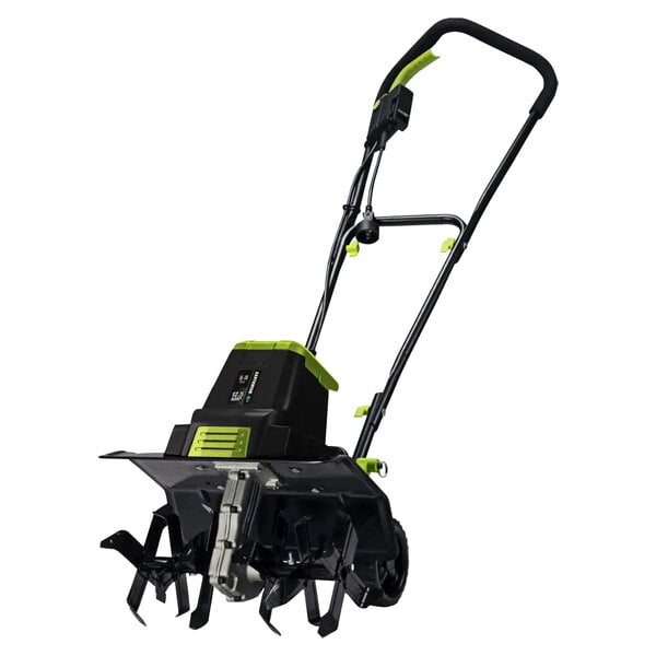 An Earthwise electric tiller with a green and black handle.