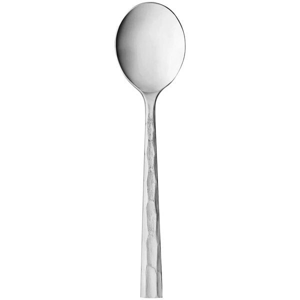 A Libbey Silver Forest stainless steel bouillon spoon with a textured handle.