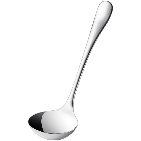 A close-up of a Libbey stainless steel soup ladle with a silver handle.