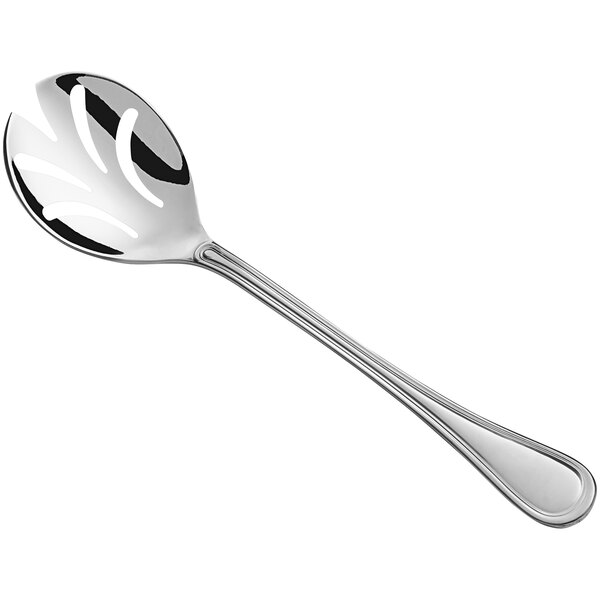 A Libbey stainless steel slotted serving spoon with a perforated design on the handle.