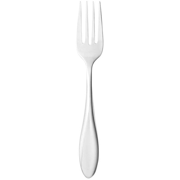 A silver Libbey salad fork with a white handle on a white background.