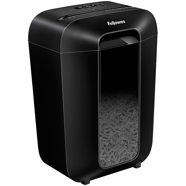 A Fellowes black paper shredder with a transparent container.
