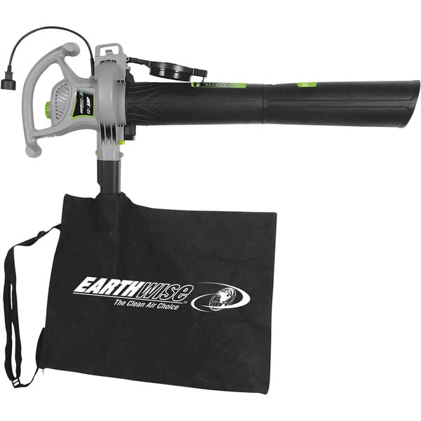An Earthwise black and green electric blower with a black bag.