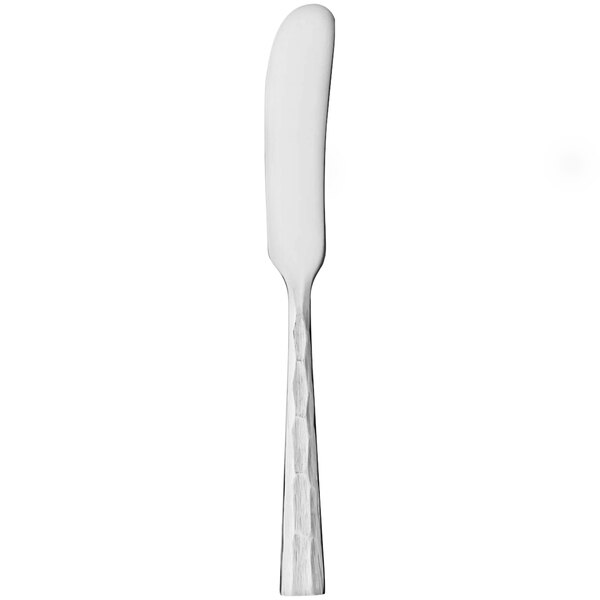 A Libbey Silver Forest stainless steel butter spreader with a white handle.