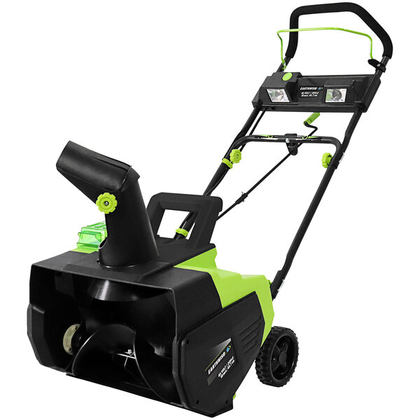 An Earthwise green and black cordless snow blower.