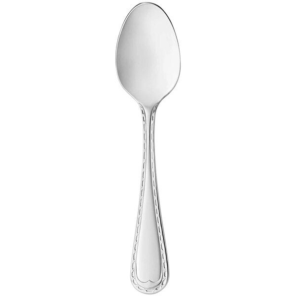 A close-up of a Reserve by Libbey Saddlebrook stainless steel demitasse spoon with a handle.