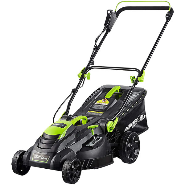 An Earthwise 19" corded electric lawn mower with a green and black cover and green handle.