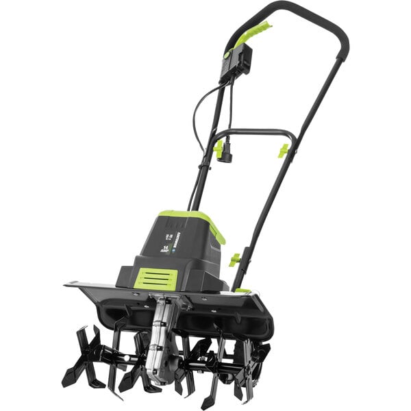 An Earthwise corded electric tiller with a green and black machine.